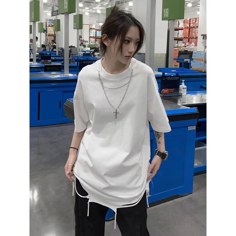 Summer White Cotton Short-Sleeved T-Shirt for Men and Women Ins K-Style Hong Kong Style Trendy Hanging Chain Half-Sleeved T-Shirt 2025 Spring and Summer t - Image 1