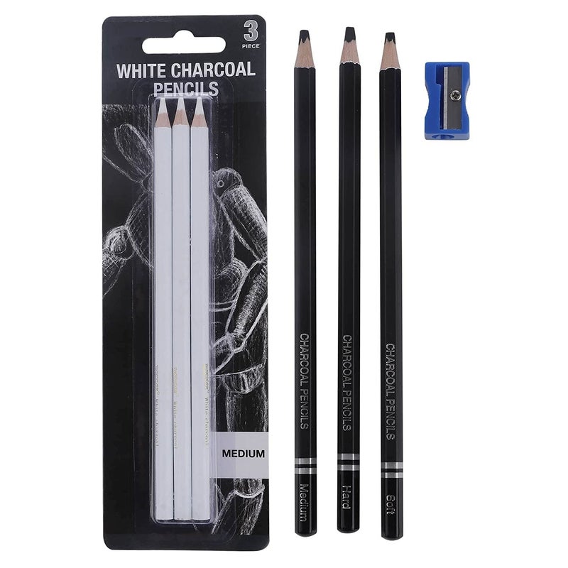 ArtBee ArtBee 3 PCs White And 3 Pcs Black Charcoal Pencils Combo set for Sketching with a sharpner  - Image 1