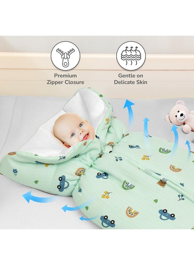 R for Rabbit طقم سرير حقيبة نوم بيبي سنوغي بليس | عش حمل من قطن موسلين 100% الفاخر للمواليد الجدد | مناسب للسفر للبنات والأولاد من 0-6 أشهر (تيدي أخضر) - Image 2