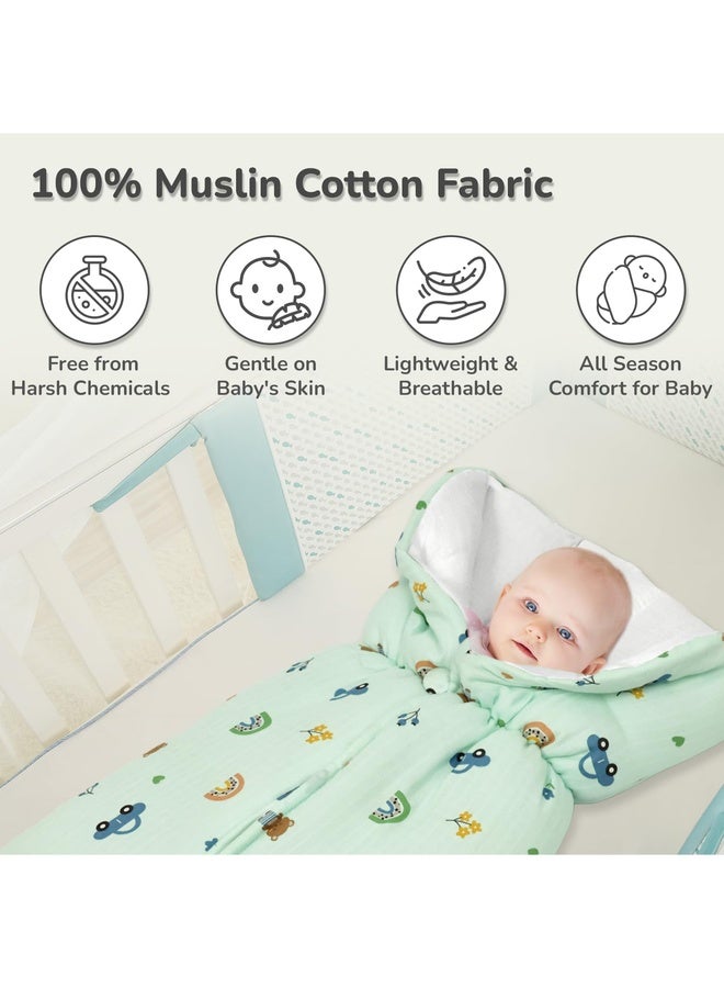 R for Rabbit طقم سرير حقيبة نوم بيبي سنوغي بليس | عش حمل من قطن موسلين 100% الفاخر للمواليد الجدد | مناسب للسفر للبنات والأولاد من 0-6 أشهر (تيدي أخضر) - Image 3