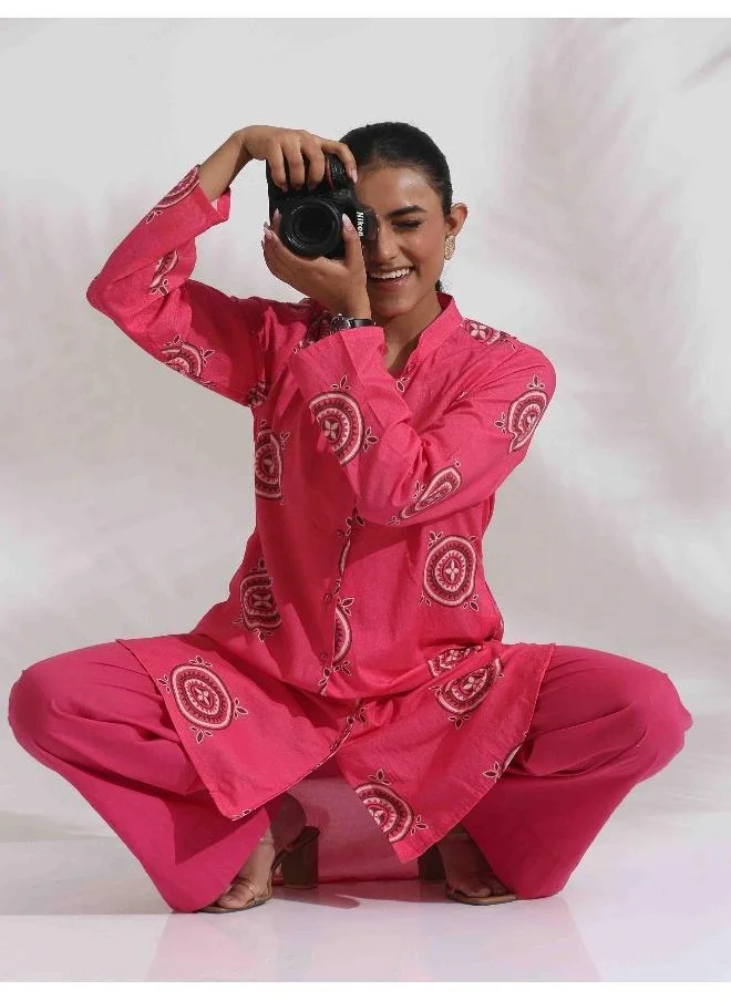 ترو برونز trueBrowns Pink Cotton Print Kurta Co-ord Set
