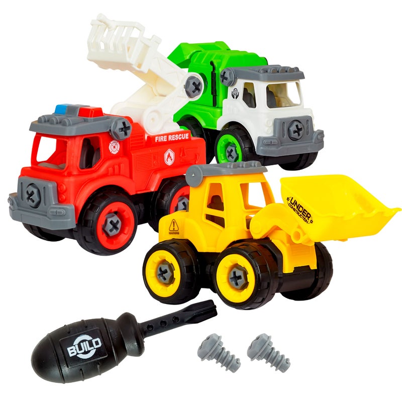 Flybar Power Gearz Take Apart Toy with Screwdriver and Screws 3 Pack Truck Set for Boys and Girls Fire Truck Construction Garbage Trucks Vehicle Set Building Toys for Kids Ages 35 - Image 3