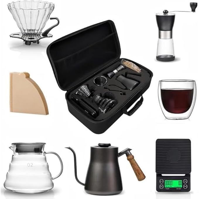 rayihni V60 Drip Coffee Maker Set With Travel Bag Black 7Pcs Camping Coffee Marker Coffee Machine Filter Coffee Tool Set - Image 1