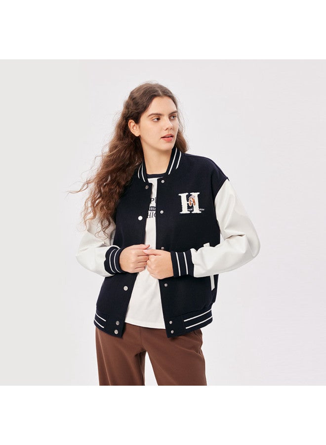 Hush Puppies New Year's Edition Spring And Autumn American Retro Casual Academic Style Patchwork Baseball Collar Women's Jacket - Image 2