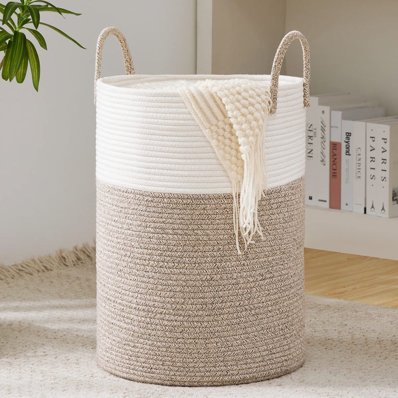 YOUDENOVA Woven Rope Laundry Hamper Basket, 58L Tall Laundry Basket, Baby Nursery Hamper for Blanket Storage in Bedroom-Large-Brown - Image 1