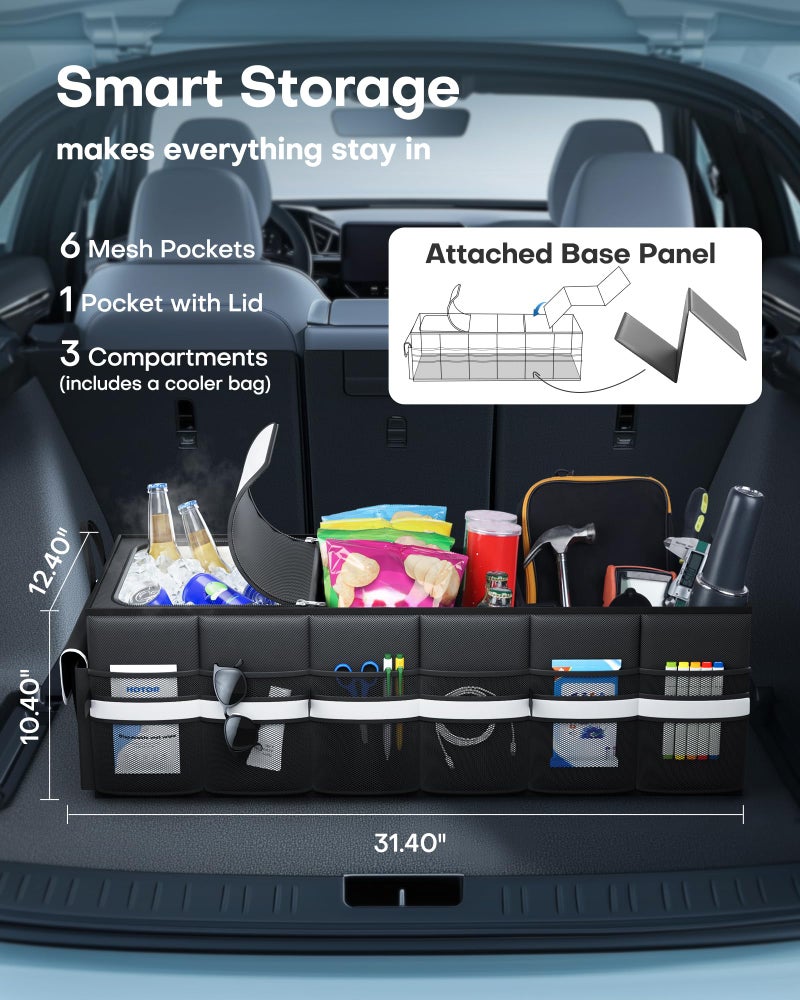 HOTOR منظم صندوق السيارة HOTOR - منظم سيارة مع مبرد مضاد للتسرب مدمج، منظم صندوق قابل للطي مع مبرد لسيارات الدفع الرباعي، سيدان، مع لوحة قاعدة (3 حجرات، أسود)، 31.9"×12.6"×10.6" - Image 2