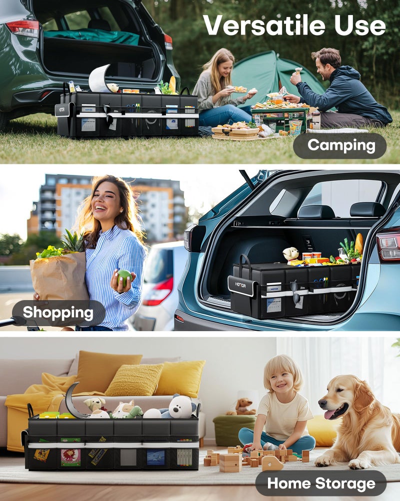 HOTOR منظم صندوق السيارة HOTOR - منظم سيارة مع مبرد مضاد للتسرب مدمج، منظم صندوق قابل للطي مع مبرد لسيارات الدفع الرباعي، سيدان، مع لوحة قاعدة (3 حجرات، أسود)، 31.9"×12.6"×10.6" - Image 4