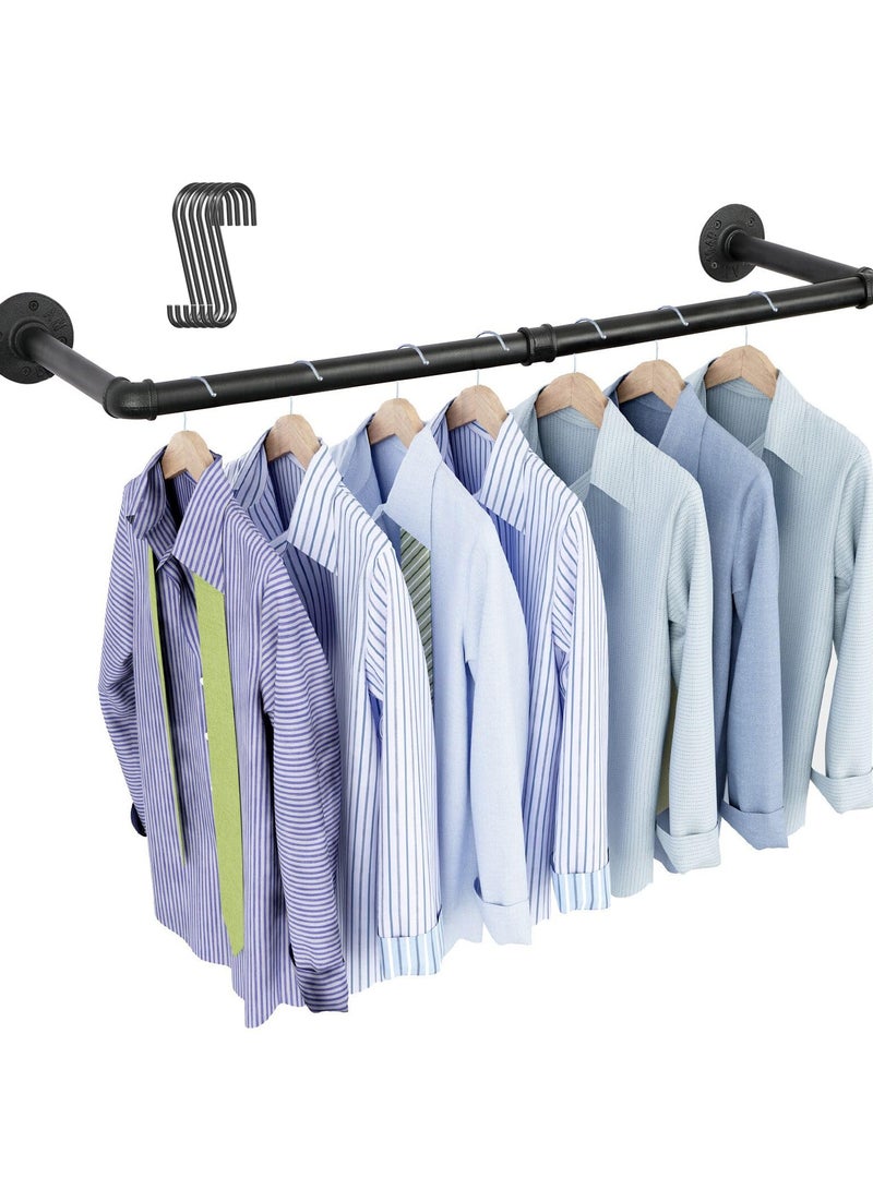 Industrial Pipe Clothing Rack 38.4", Heavy Duty Detachable Wall Mounted Clothes Rack Black Iron Garment Bar, Multi-purpose Hanging Rod for Closet Storage, Black (Two Base)