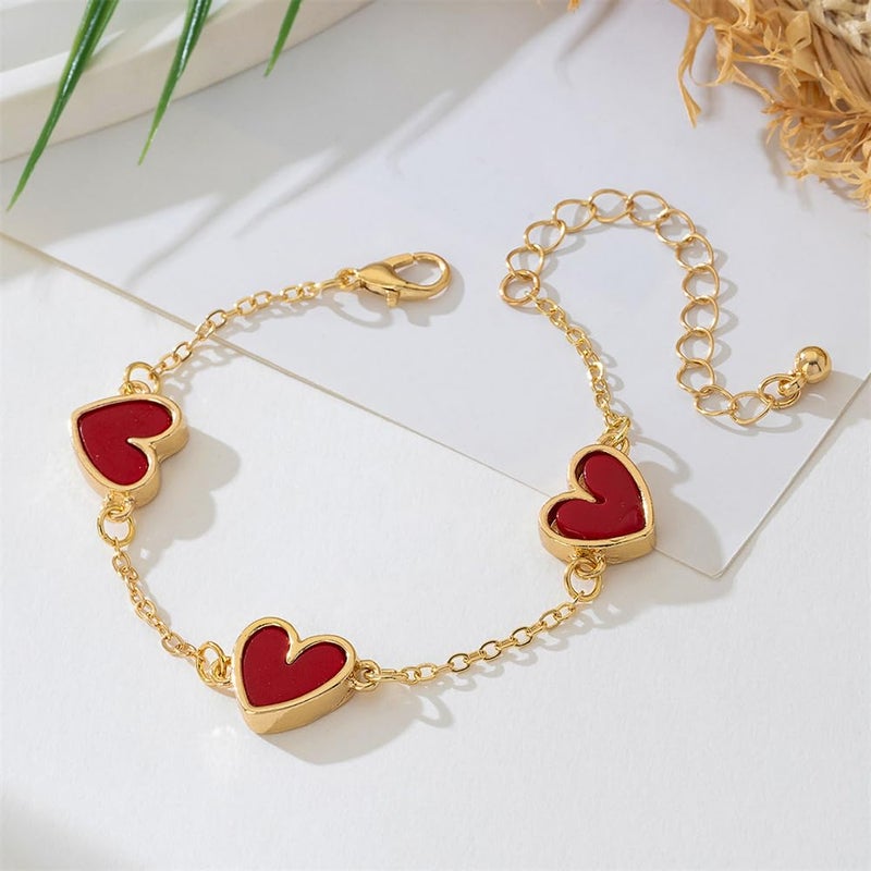 OIDIMS Cute Red Heart Charm Bracelet for Women Ladies 18k Gold-Tone Plated Minimalist Promise Love Handmade Adjustable Chain Link Stackable Bracelets Valentines Accessories Delicate Jewelry for Her Best Friend - Image 4