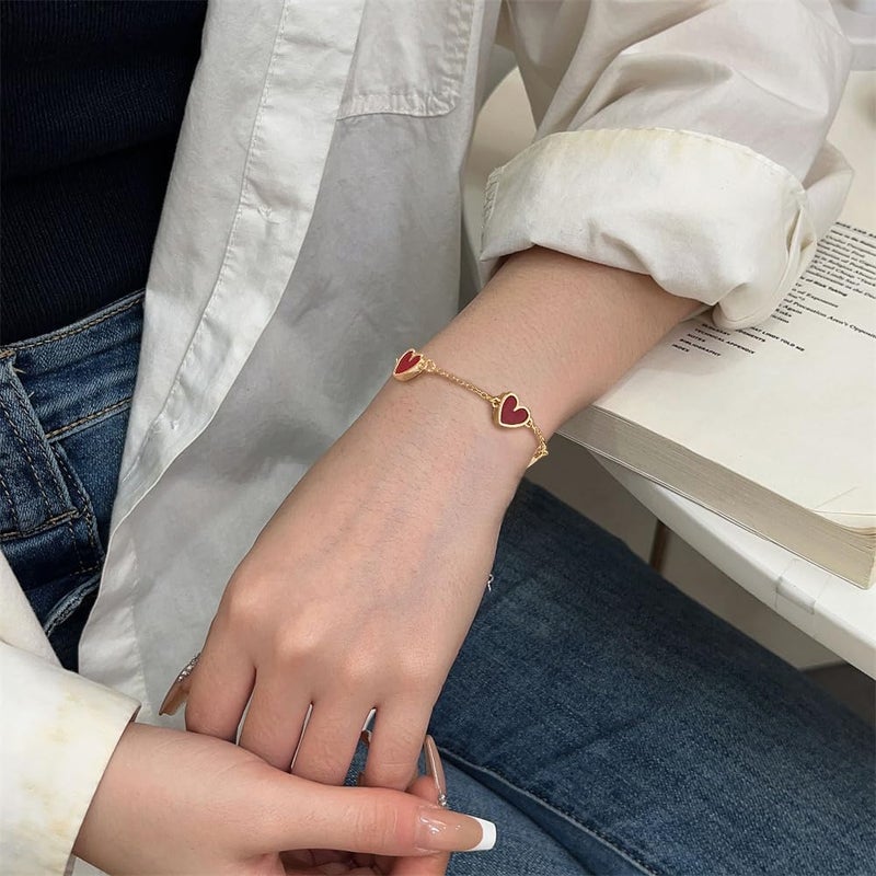 OIDIMS Cute Red Heart Charm Bracelet for Women Ladies 18k Gold-Tone Plated Minimalist Promise Love Handmade Adjustable Chain Link Stackable Bracelets Valentines Accessories Delicate Jewelry for Her Best Friend - Image 3