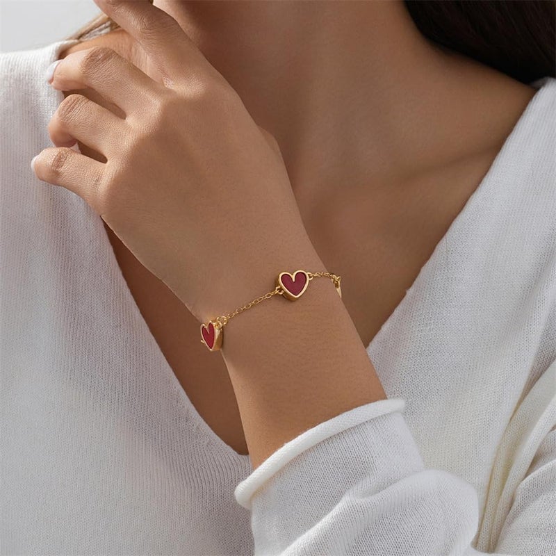 OIDIMS Cute Red Heart Charm Bracelet for Women Ladies 18k Gold-Tone Plated Minimalist Promise Love Handmade Adjustable Chain Link Stackable Bracelets Valentines Accessories Delicate Jewelry for Her Best Friend - Image 2