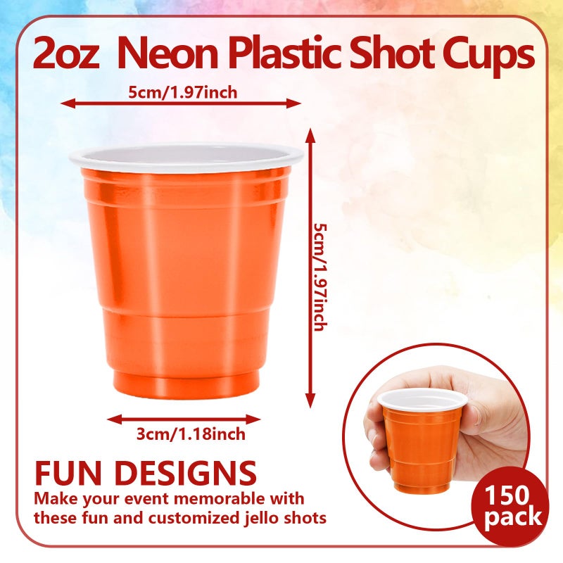 Whaline 150Pcs 2OZ Neon Plastic Shot Cups Disposable Mini Shot Glasses Small Rose Red Green Orange Party Cups for Beer Drinks Snacks Samples Tastings Supplies - Image 1