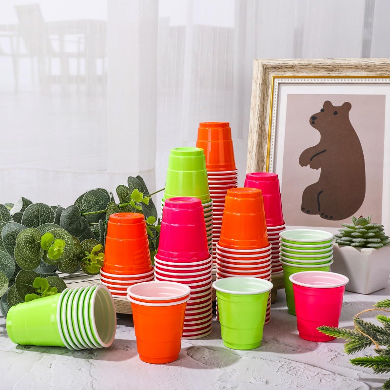Whaline 150Pcs 2OZ Neon Plastic Shot Cups Disposable Mini Shot Glasses Small Rose Red Green Orange Party Cups for Beer Drinks Snacks Samples Tastings Supplies - Image 2