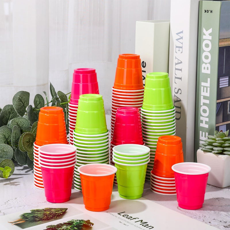 Whaline 150Pcs 2OZ Neon Plastic Shot Cups Disposable Mini Shot Glasses Small Rose Red Green Orange Party Cups for Beer Drinks Snacks Samples Tastings Supplies - Image 3