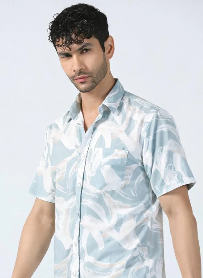 Take Two Men Blue Printed Cotton Shirt with Pocket