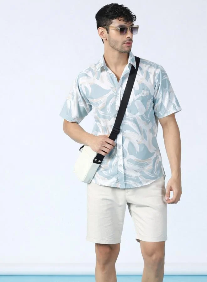 Take Two Men Blue Printed Cotton Shirt with Pocket