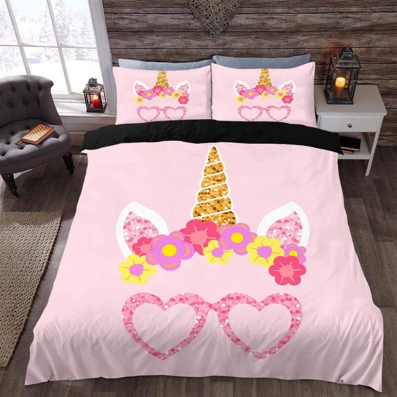 Single Duvet Cover With 2 Pillowcase 3D Cartoon Animal Unicorn Bedding Set Soft Easy Care 100％ Microfiber Quilt Cover With Zipper Closure, For Adults And Teens Bed 135X200 Cm