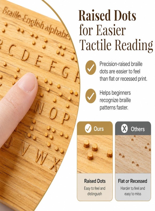 Yulejo Braille Alphabet Board 8.7x6.3in Wood Raised Dots Fingerboard Braille Chart, Tactile Learning Tool for Blind & Sighted Adults, Visually Impaired Beginners, Educators - Image 2