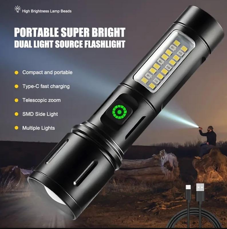 DotCom Rechargeable Torch Light High Power, 10000 Lumens Flashlight with 5 Modes, Side, Adjustable Focus Torch Rechargeable, Window Breaker and Cutter, IP45, Aluminum Alloy, Black (DT-922) - Image 3