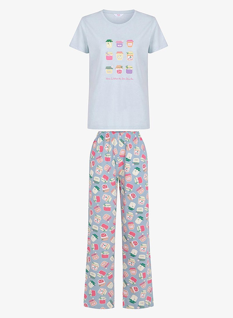 Penti Women's Cotton Lounge Sweet Breakfast Pajama Pants Set - Light Blue - Image 1