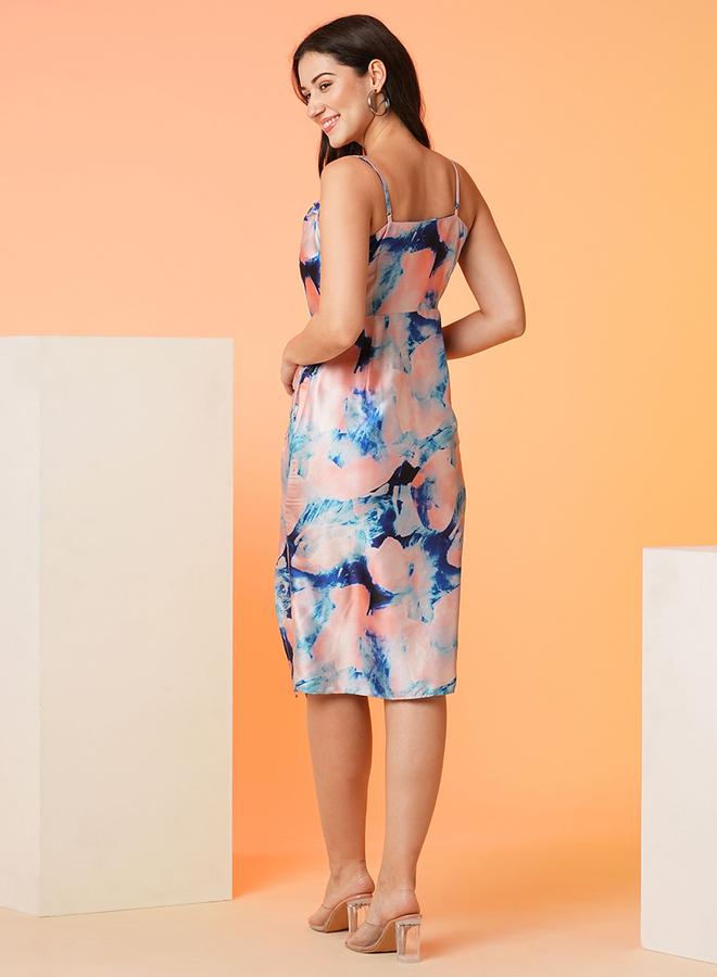 globus Abstract Printed Cowl Neck Strappy Knee Length Dress - Image 3