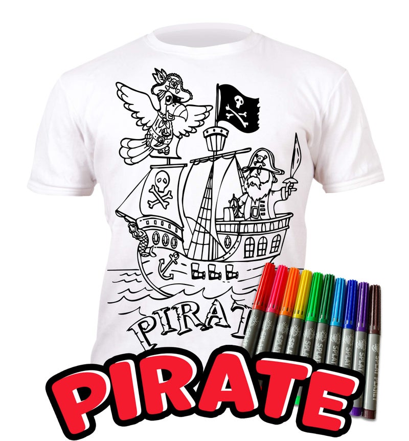 Splat Planet Colour-in Pirate Ship T-Shirt with 6 Non-Toxic Washable Magic Pens - Colour-in and Wash Out T-Shirt (7-8 Years) - Image 2