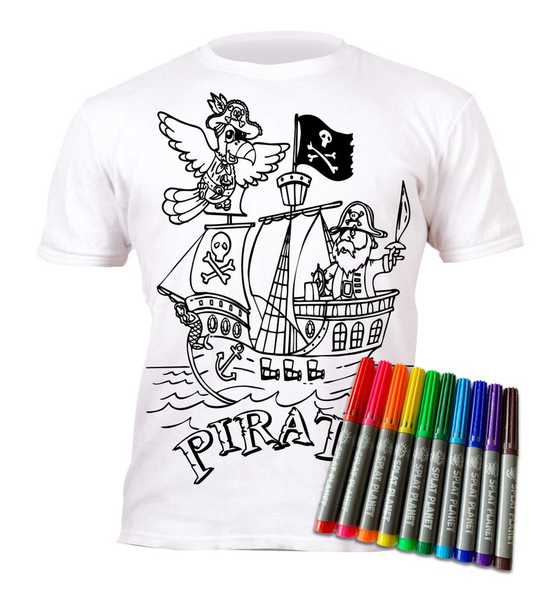 Splat Planet Colour-in Pirate Ship T-Shirt with 6 Non-Toxic Washable Magic Pens - Colour-in and Wash Out T-Shirt (7-8 Years) - Image 1