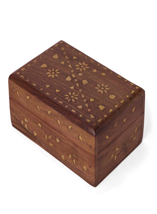 GURU JEEHand Crafted Wooden Decorative Trinket Jewelry Box Organiser Floral Carvings And Brass Inlay Centre Flower - Image 1