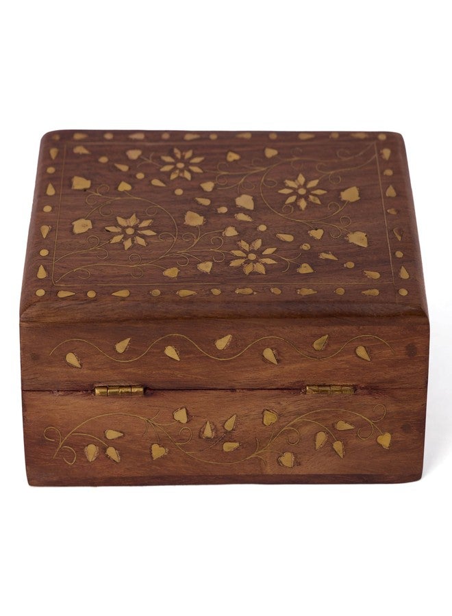 GURU JEEHand Crafted Wooden Decorative Trinket Jewelry Box Organiser Floral Carvings And Brass Inlay Centre Flower - Image 2