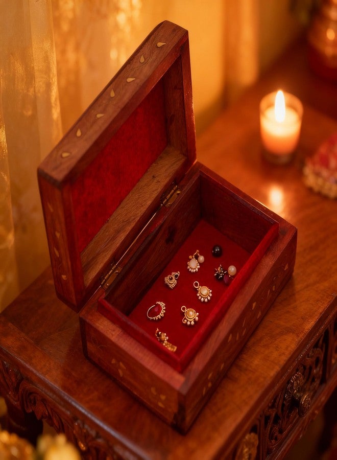 GURU JEEHand Crafted Wooden Decorative Trinket Jewelry Box Organiser Floral Carvings And Brass Inlay Centre Flower - Image 5