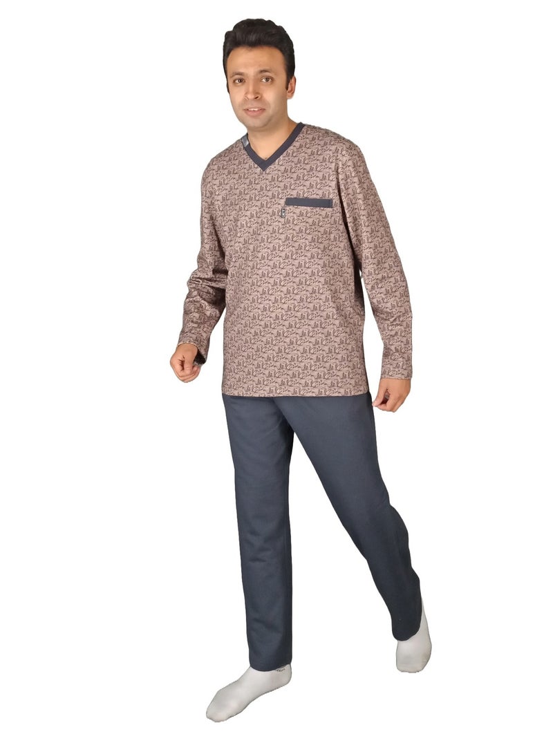 Jet "Men Winter Pajama Set Long Sleeve & Long Pants -Brown  - Image 1