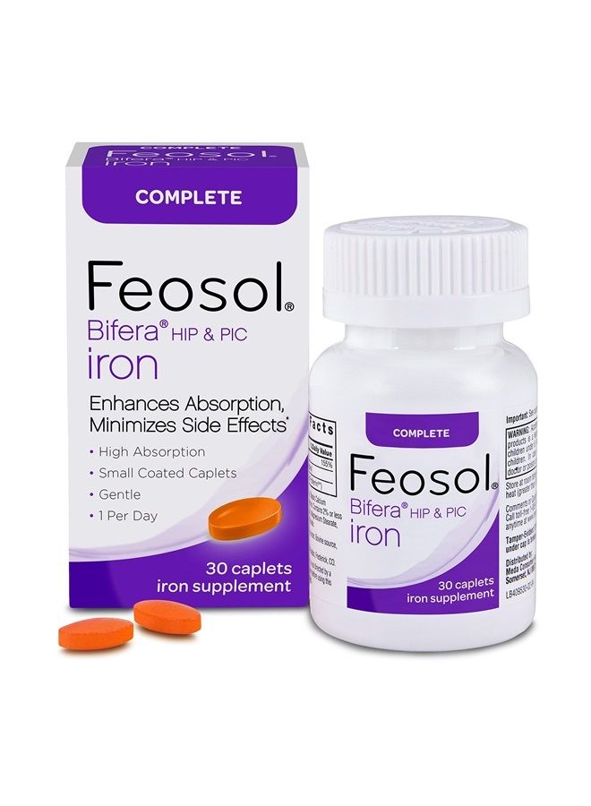 Feosol Complete Iron Supplement Caplets, Bifera Iron for High Absorption, Heme and Non-Heme Dual Action Minimizes Side Effects, 1 Per Day, For Energy and Immune System Support, Made in USA, 30 count - Image 1