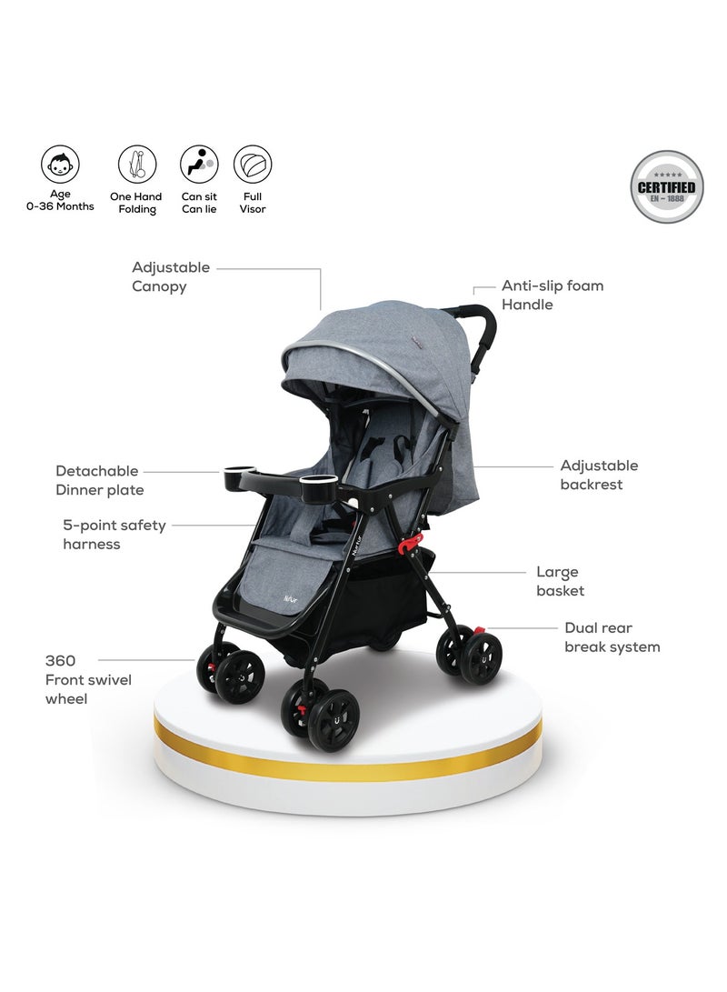Nurtur عربة أطفال خفيفة الوزن ومضغوطة للغاية للسفر مع سلة تخزين، صينية طعام قابلة للفصل، مقعد قابل للإمالة ومسند للساقين، 0-36 شهر، رمادي - Image 3