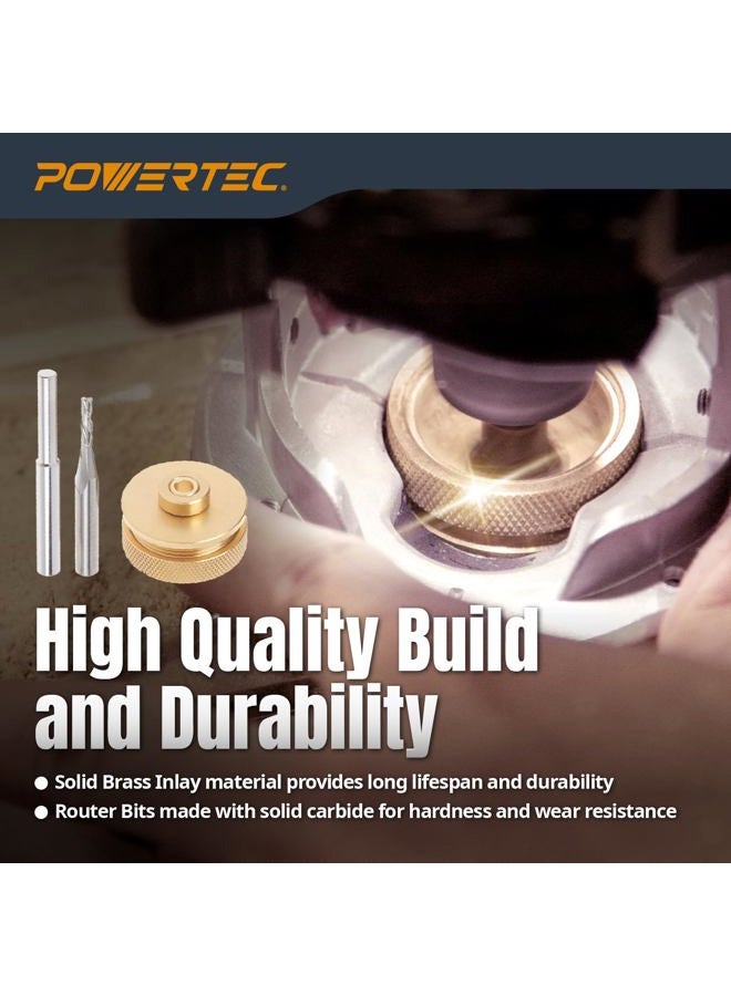 POWERTEC Solid Carbide Downcut Spiral Router Bits, Brass Inlay Kit with Router Guide, Collar, Centering Pin & 1/8" CD x 1/4" SH Router Bit, Compatible w/ 1/4" Router Templates for Woodworking (71333) - Image 2