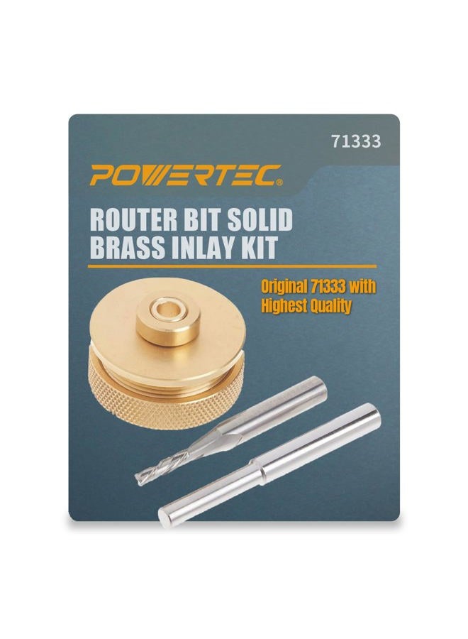 POWERTEC Solid Carbide Downcut Spiral Router Bits, Brass Inlay Kit with Router Guide, Collar, Centering Pin & 1/8" CD x 1/4" SH Router Bit, Compatible w/ 1/4" Router Templates for Woodworking (71333) - Image 1