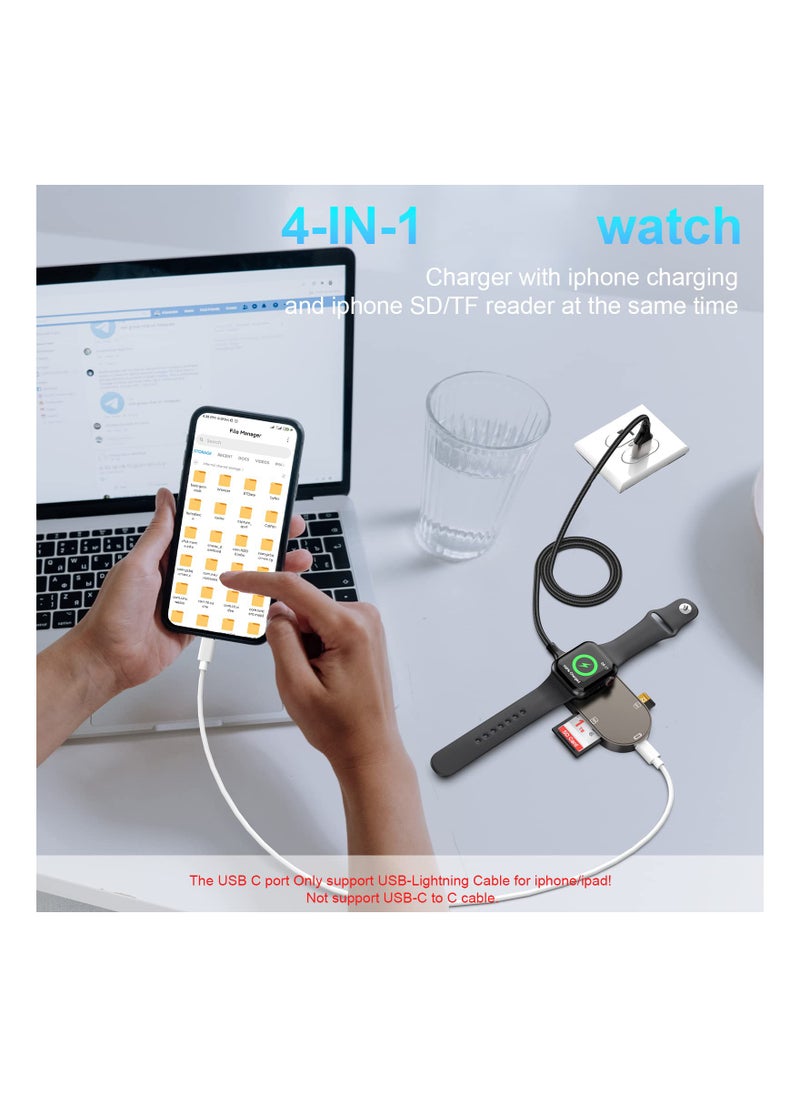 KASTWAVE - 4-in-1 Charger Fit for Apple Watch +SD/TF Card Reader for iPhone/iPad,4FT Portable iWatch Magnetic Charger Cable for Watch Series SE/8/7/6/5 with SD/Micro SD Slot and USB C Port for OTG iPhone/ipad - Image 1