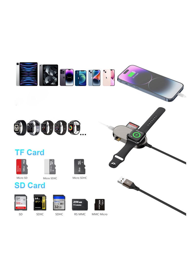 KASTWAVE - 4-in-1 Charger Fit for Apple Watch +SD/TF Card Reader for iPhone/iPad,4FT Portable iWatch Magnetic Charger Cable for Watch Series SE/8/7/6/5 with SD/Micro SD Slot and USB C Port for OTG iPhone/ipad - Image 1