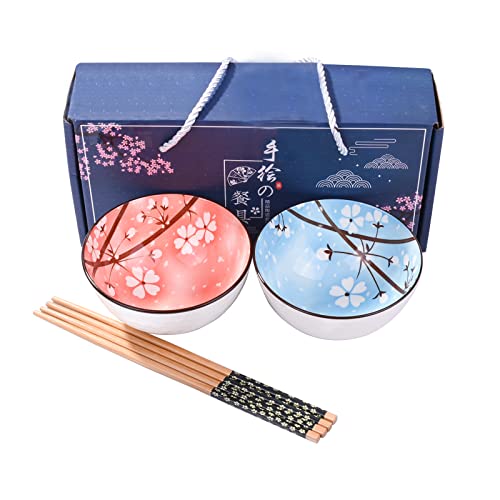 Cerficer Japanese Rice Bowls Ceramic Sushi Bowl and Chopstick Set of 2 for Nuts Sauces and Snacks Blue and Pink - Image 1