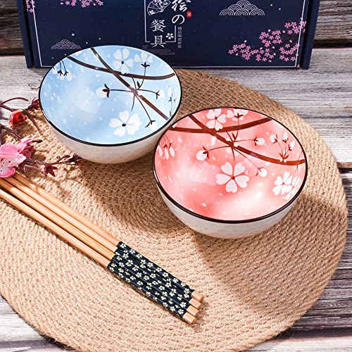 Cerficer Japanese Rice Bowls Ceramic Sushi Bowl and Chopstick Set of 2 for Nuts Sauces and Snacks Blue and Pink - Image 3