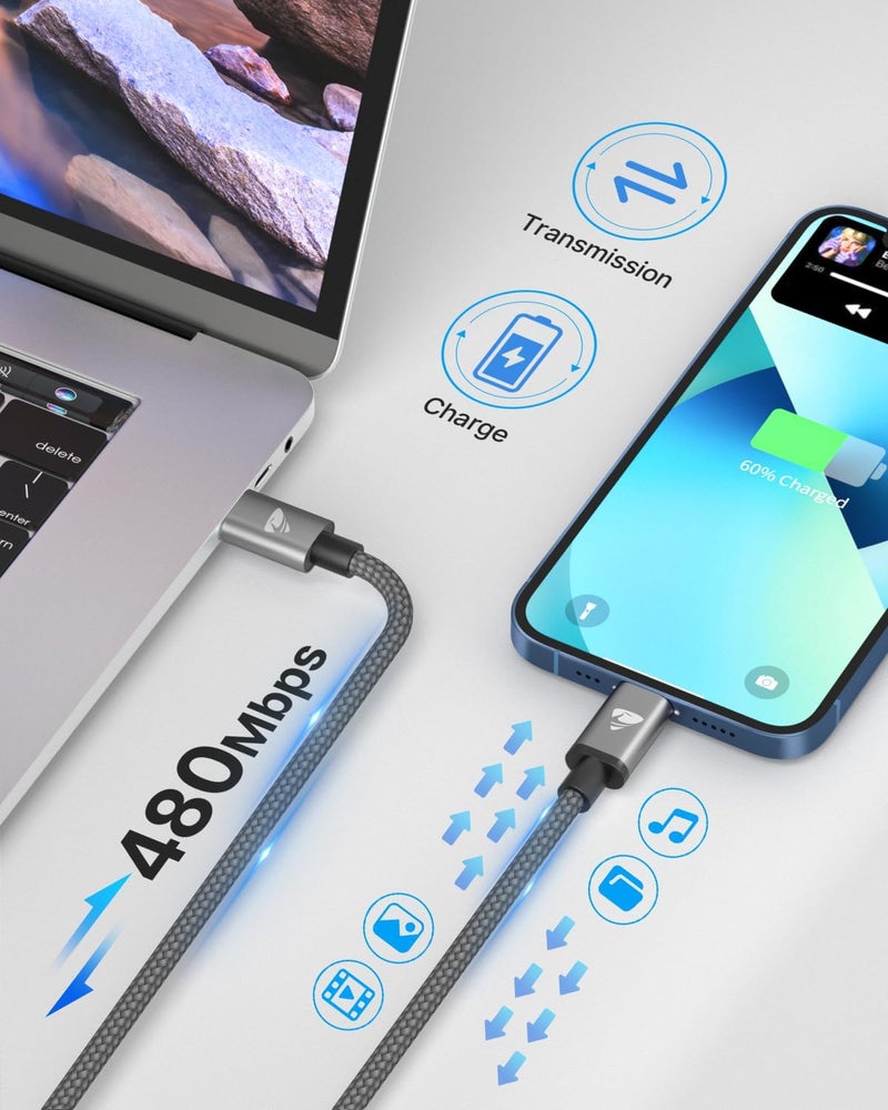 اييونوس كابل USB C قصير إلى Lightning من ، طوله 1 متر، كابل شحن للآيفون معتمد من MFi، من نوع C، يدعم الشحن السريع، متوافق مع آيفون 11، 12، 13، 14 Pro Max، X، XS، XR، 8 Plus، وأيباد. - Image 2