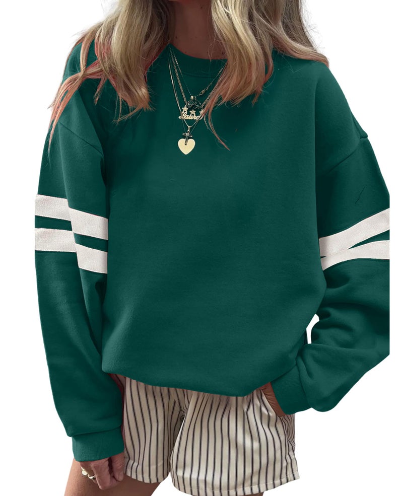 SELINK Womens Varsity Striped Oversized Sweatshirt Crewneck Long Sleeve Casual Fashion Pullover Top Fall Outfits Green-L - Image 1