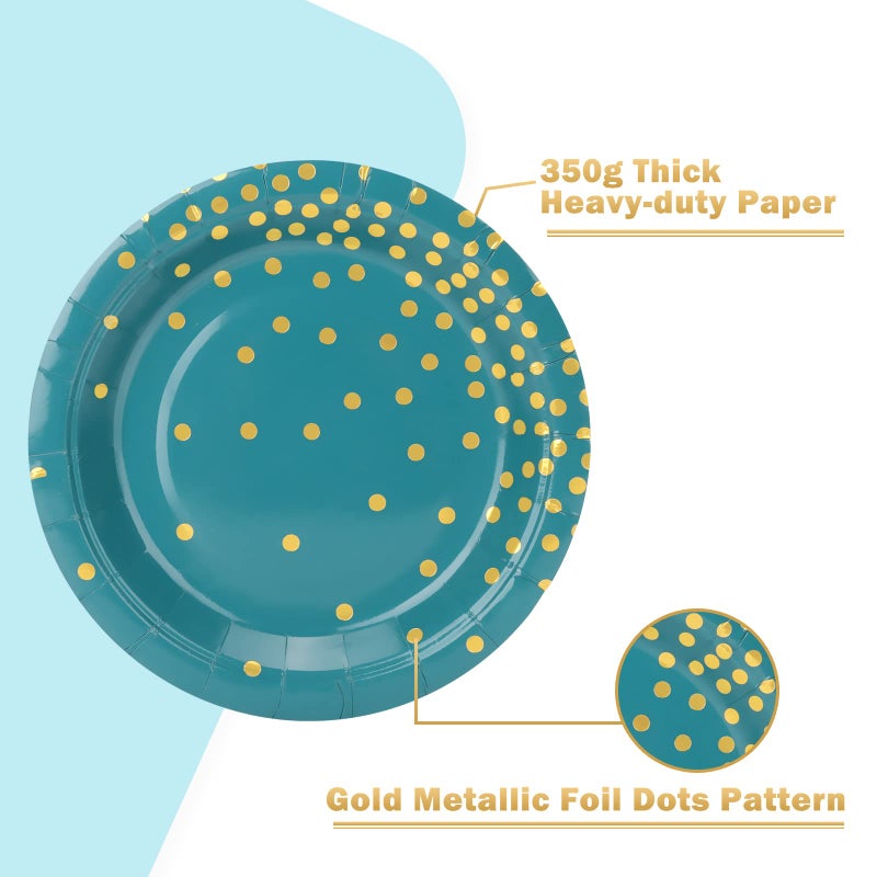 CENLBJ Blue Green and Gold Paper Plates 50pcs 7inch Gold Dot Party Dessert Plates Disposable Foil Polka Dots Paper Plate for Father's Day Independence Day Birthday Picnics - Image 2