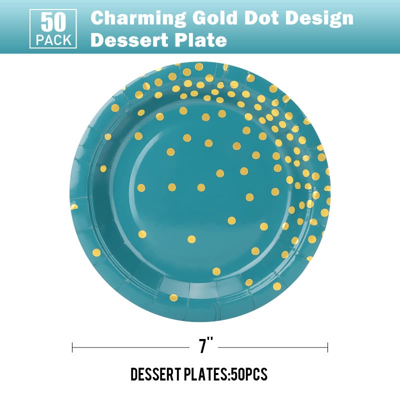CENLBJ Blue Green and Gold Paper Plates 50pcs 7inch Gold Dot Party Dessert Plates Disposable Foil Polka Dots Paper Plate for Father's Day Independence Day Birthday Picnics - Image 1