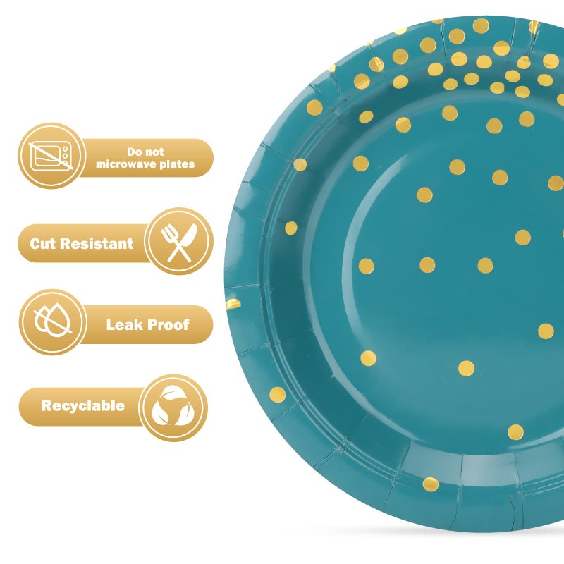 CENLBJ Blue Green and Gold Paper Plates 50pcs 7inch Gold Dot Party Dessert Plates Disposable Foil Polka Dots Paper Plate for Father's Day Independence Day Birthday Picnics - Image 3