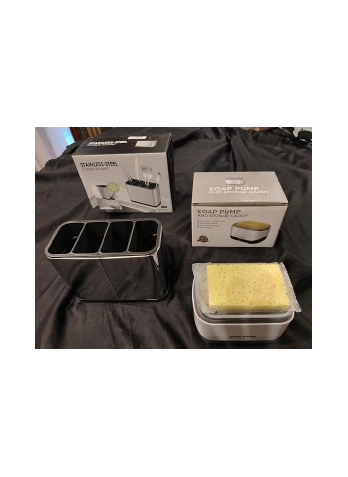 Kitchen utensil set (stainless steel fork and spoon holder + kitchen soap pump) 