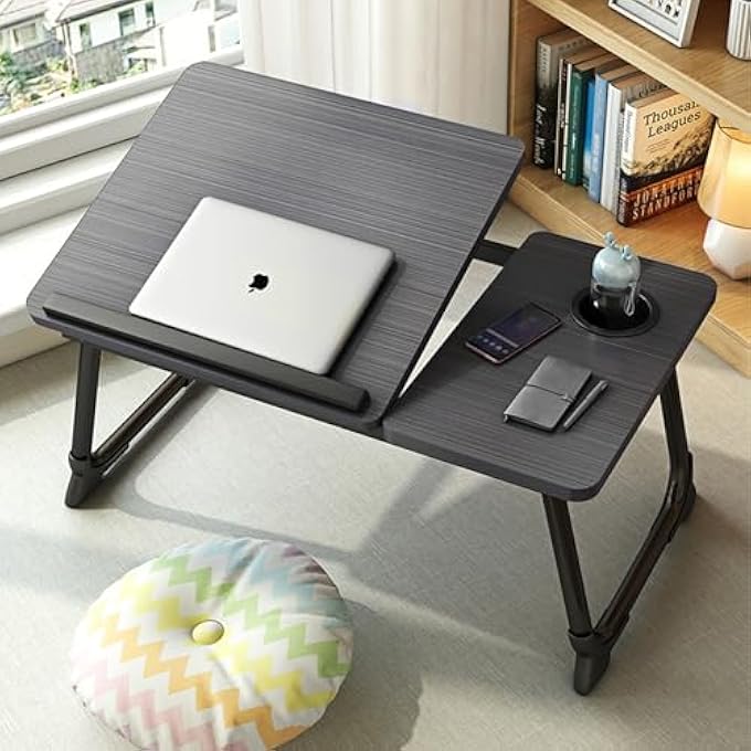 rayihni FOLDABLE LAPTOP DESK FOR BED, PORTABLE LAPTOP BED TRAY TABLE WITH CUP HOLDER, ADJUSTABLE HEIGHT TILT LAP DESK STAND FOR WORK READING STUDY EATING CAMPING - Image 2