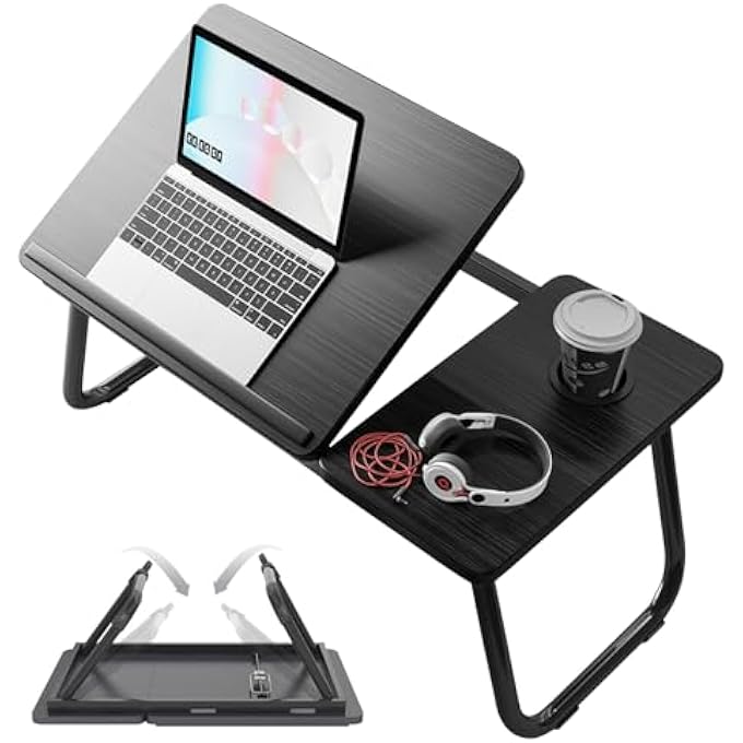 rayihni FOLDABLE LAPTOP DESK FOR BED, PORTABLE LAPTOP BED TRAY TABLE WITH CUP HOLDER, ADJUSTABLE HEIGHT TILT LAP DESK STAND FOR WORK READING STUDY EATING CAMPING - Image 1