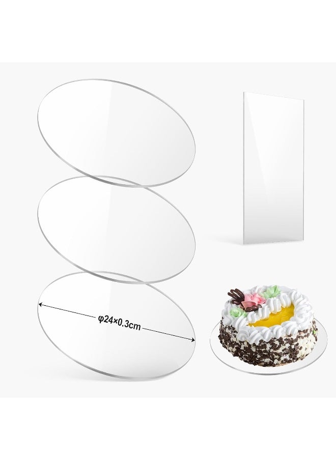 TPGP Pack of 3 Round Acrylic Cake Plates, Diameter 24 cm x 3 mm, Transparent Cake Plate with Acrylic Cake Scraper, Non-Adhesive Cake Board for Smoothing and Arranging Cakes, DIY  - Image 1