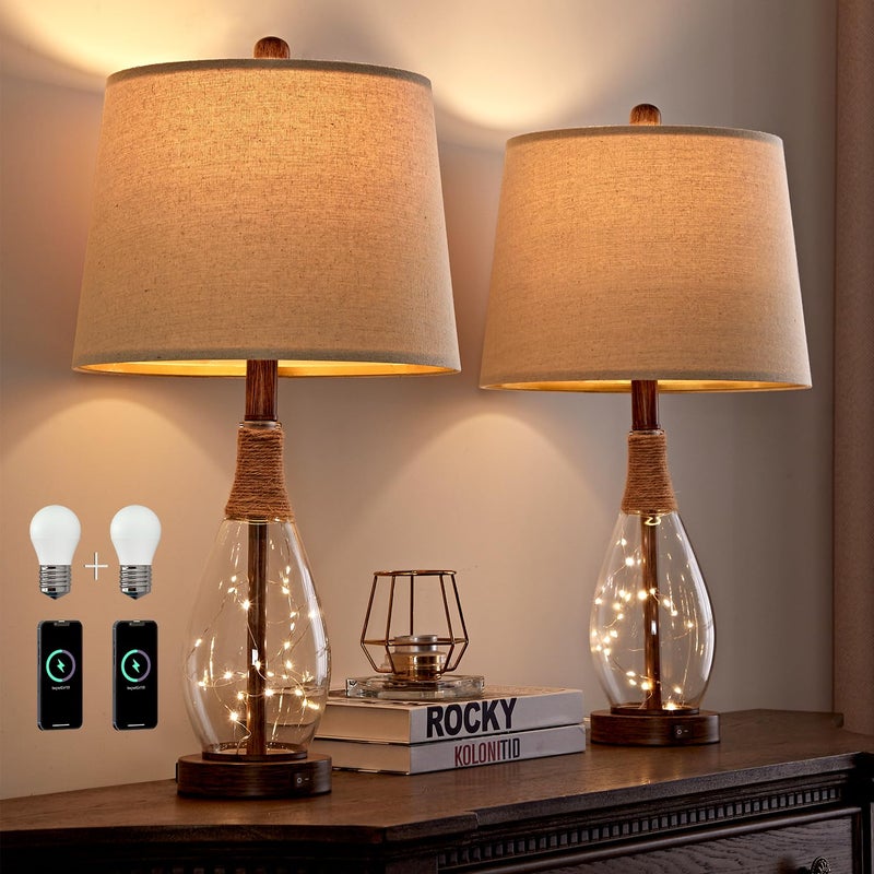 OYEARS Bedside Table Lamps Set of 2 with USB, Modern Bedside Lamps Retro Farmhouse Rattan Glass Nightstand Nightlight Lamps for Bedroom Living Room Dorm,Two Light Points - Image 1