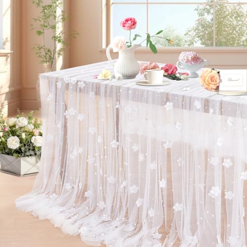 LuoluoHouse White Pearl Tulle Tablecloth 10ft Flower Pearl Table Runner Tulle Fabric Wedding Lace Tablecloth Arch for Bridal Shower Veil Baby Shower Sweetheart Table Decorations - Image 1